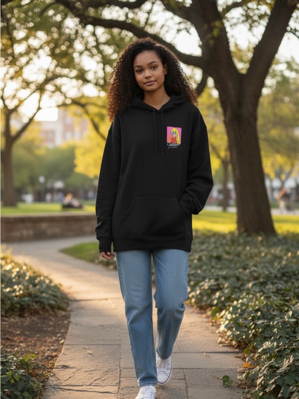 Nicki Minaj Black Hoodie with Pink & Yellow Chest Graphic